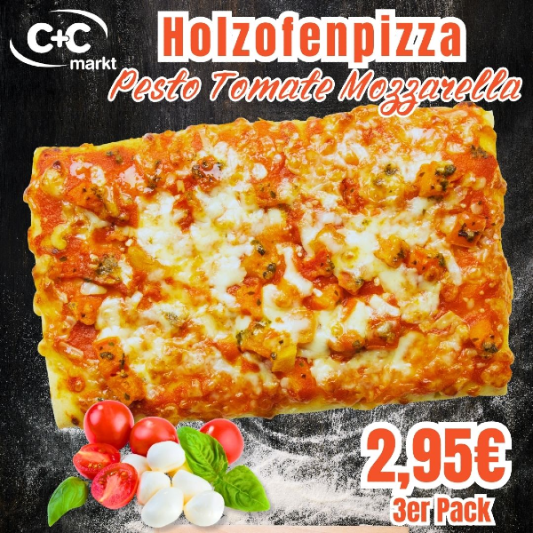 Holzofenpizza Pesto Tomate Mozzarella